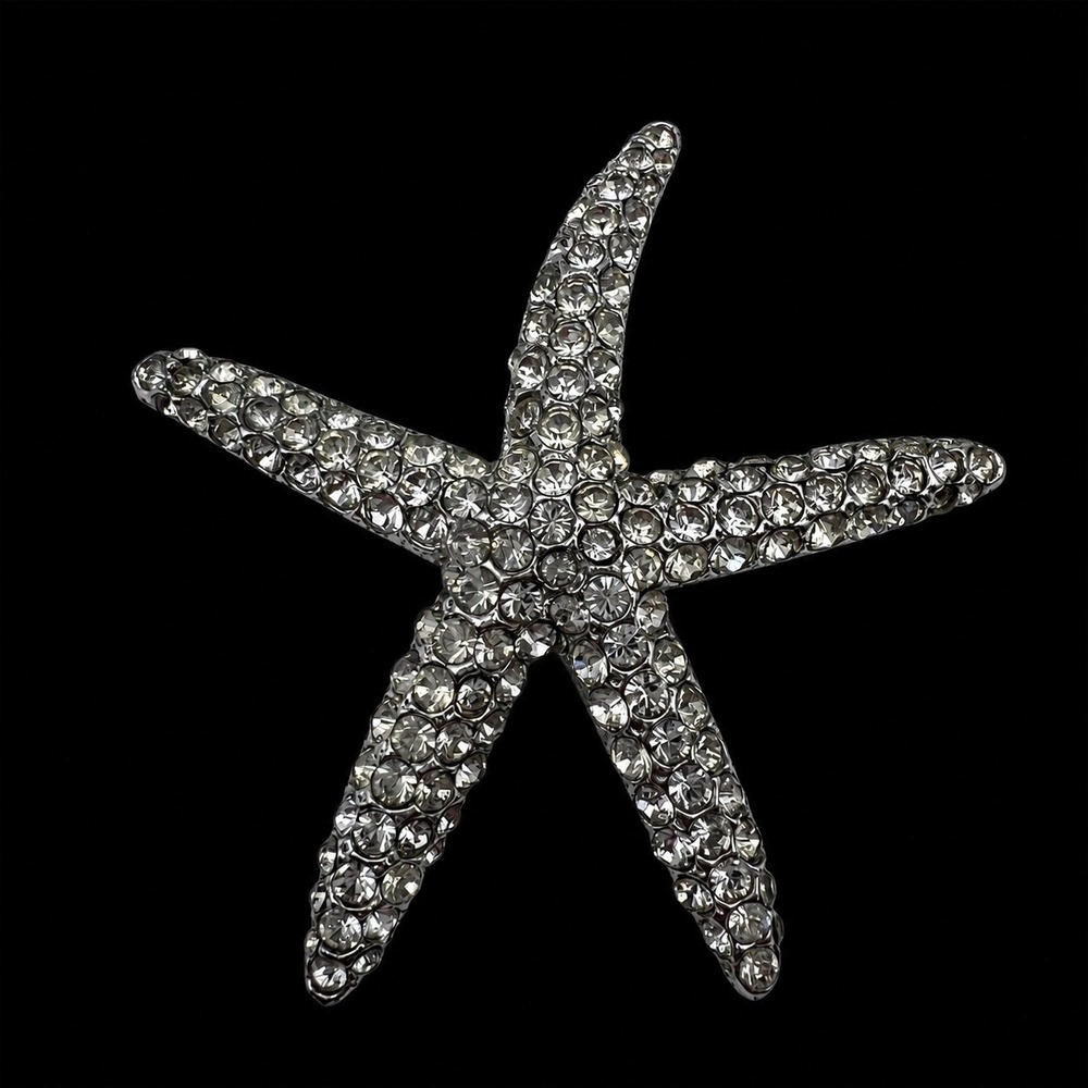 Vintage Rhinestone Starfish Brooch Silver Tone Coastal‎ Beach Pin Signed
